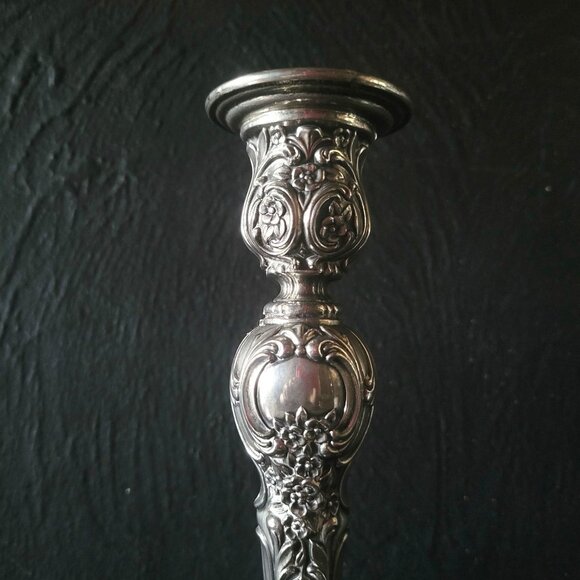 Antique Silverplate Candle Holders Victorian Rose Pattern Ornate Baroque Floral - Picture 4 of 11